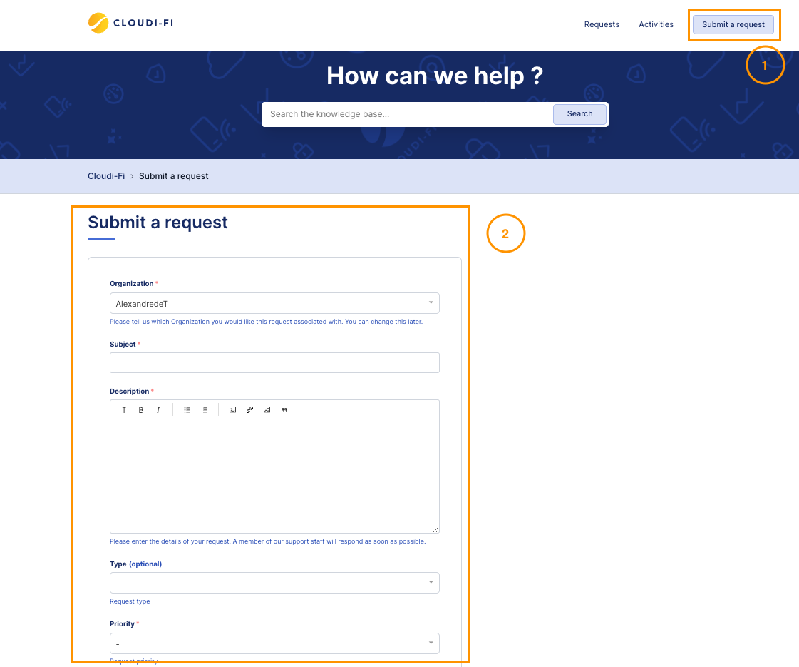 Cloudi-Fi admin console : submit a support request
