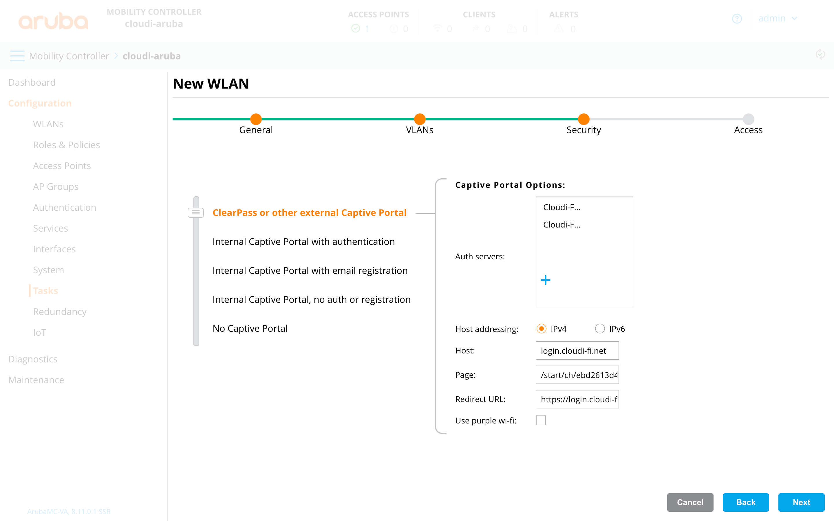 How to set up CloudiFi Captive Portal Aruba Mobility Controller