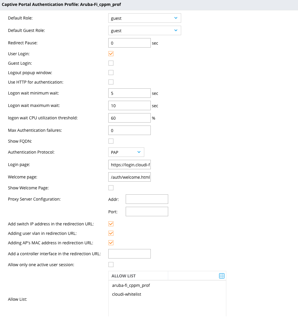 Aruba admin console - Edit captive portal authentication profile