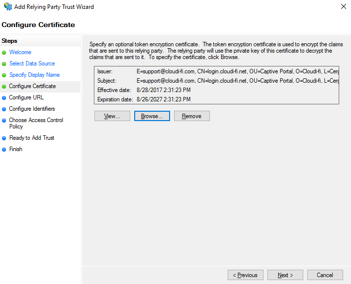 ADFS Interface - Add SAML Certificate
