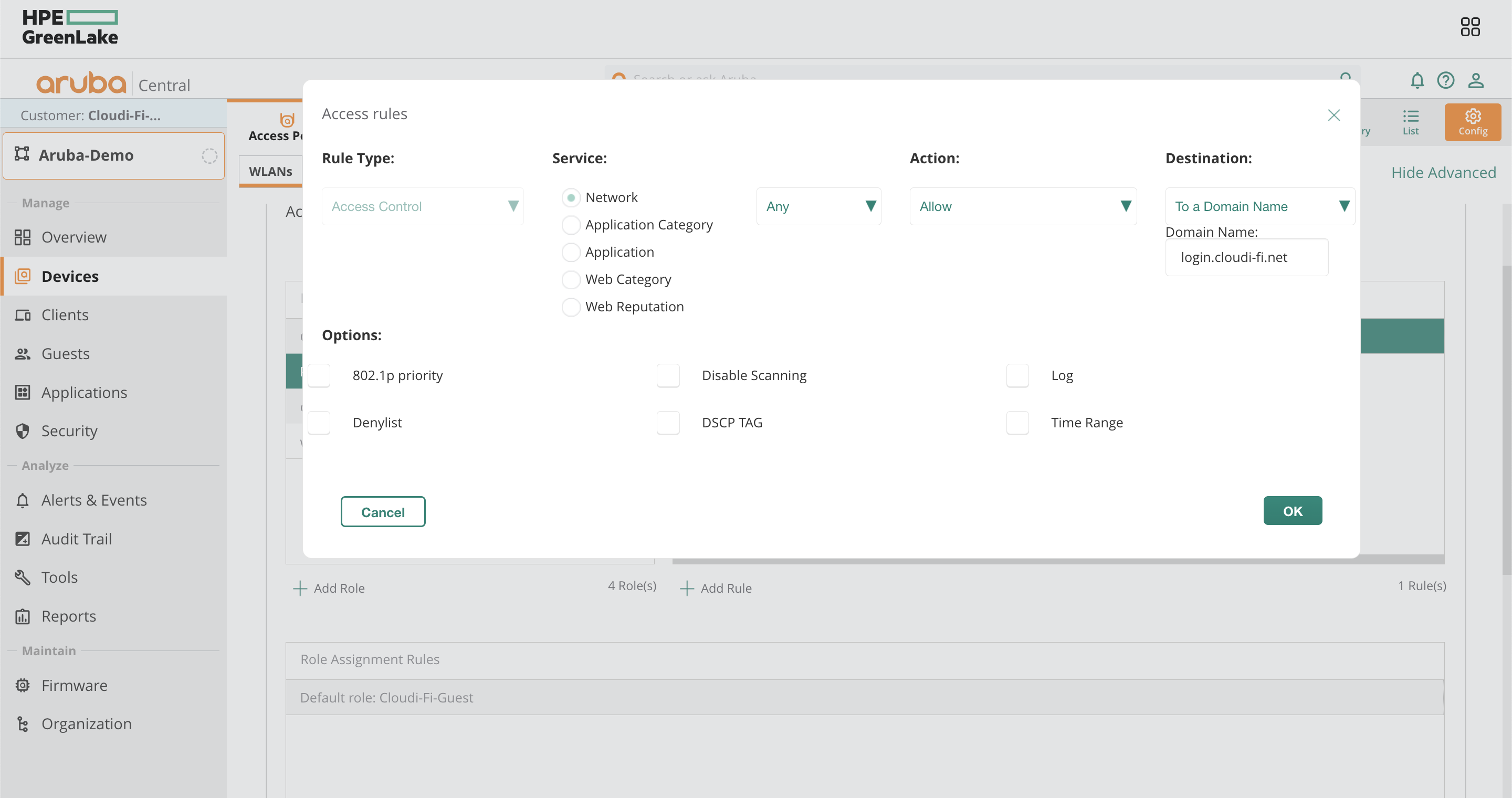 Aruba central - allow Cloudi-Fi domains