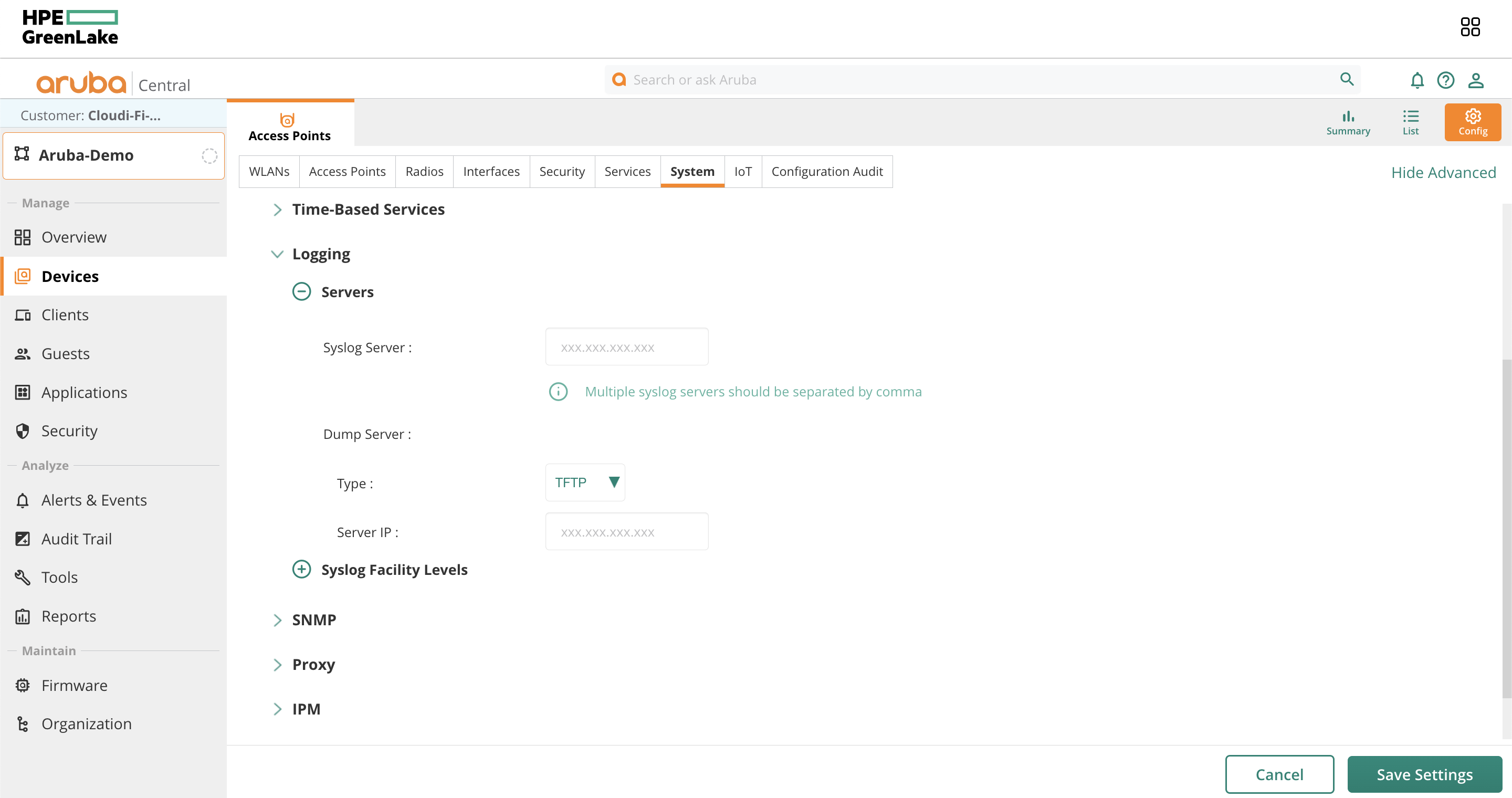 Aruba central - Configure Syslog forwarding