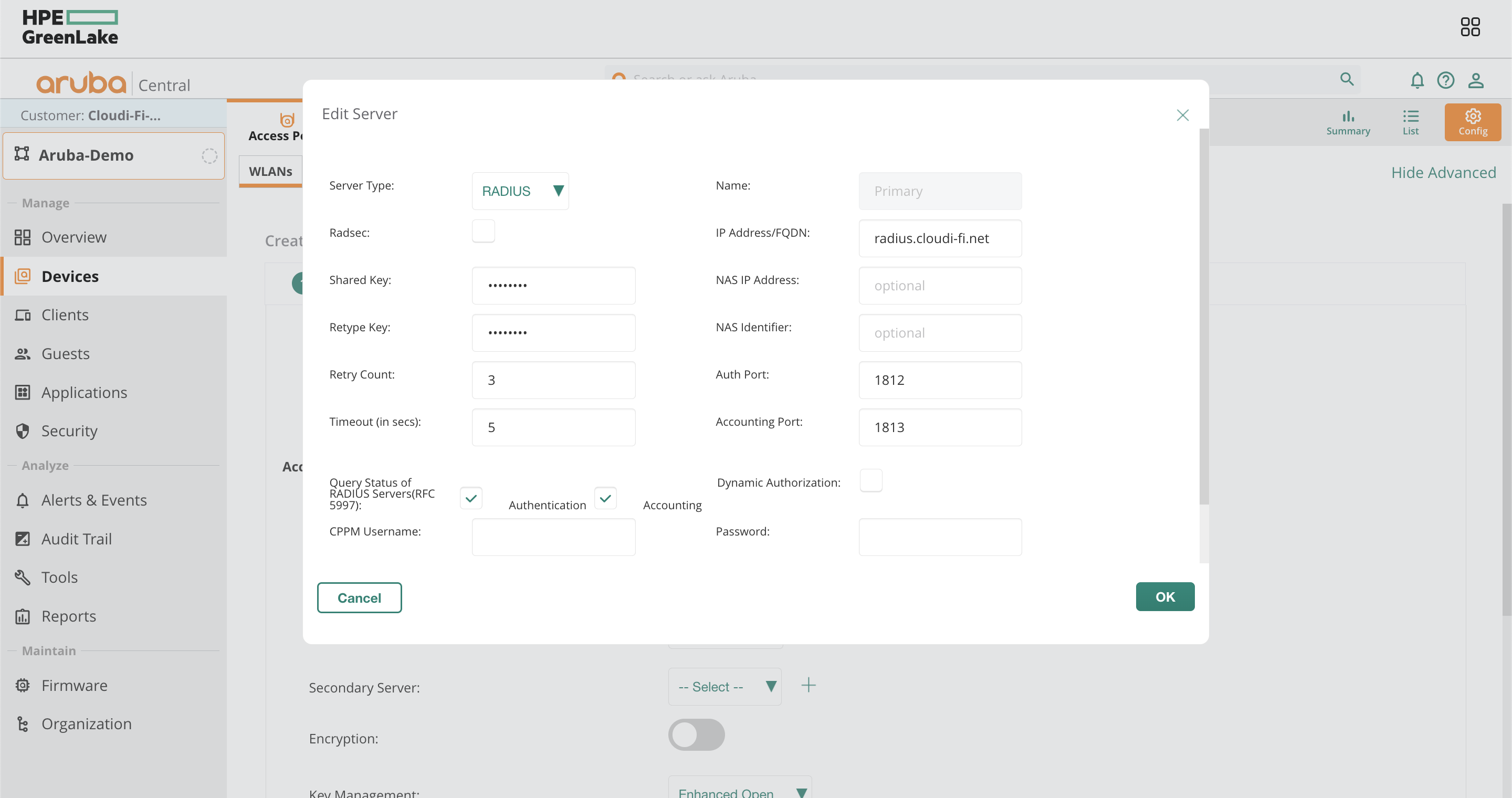 Aruba central UI - Add radius servers for external captive portal