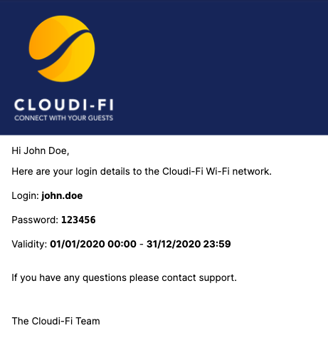 Cloudi-Fi - Credentials email sent to the Guest