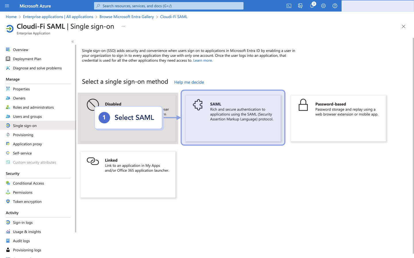Azure UI - Select SAML as Single Sign-On for Cloudi-Fi.jpeg