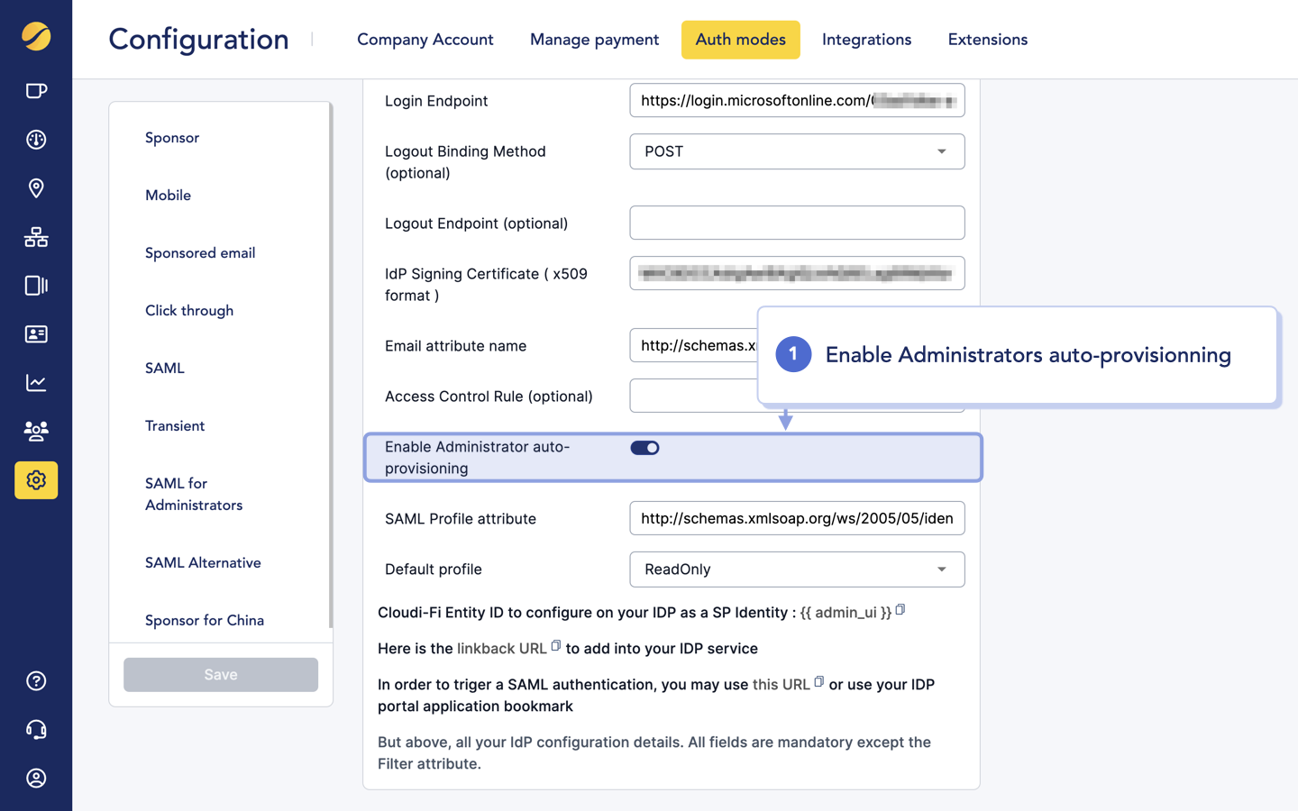 cloudi-fi_saml_administrators_enable auto provisionning.png