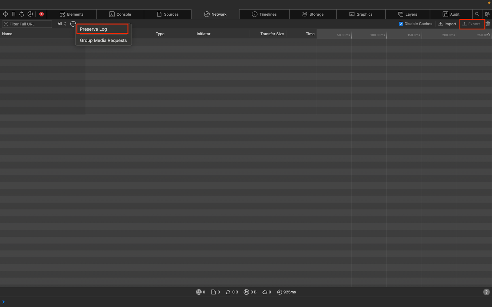 iOS MacBook preserve logs and export HAR file