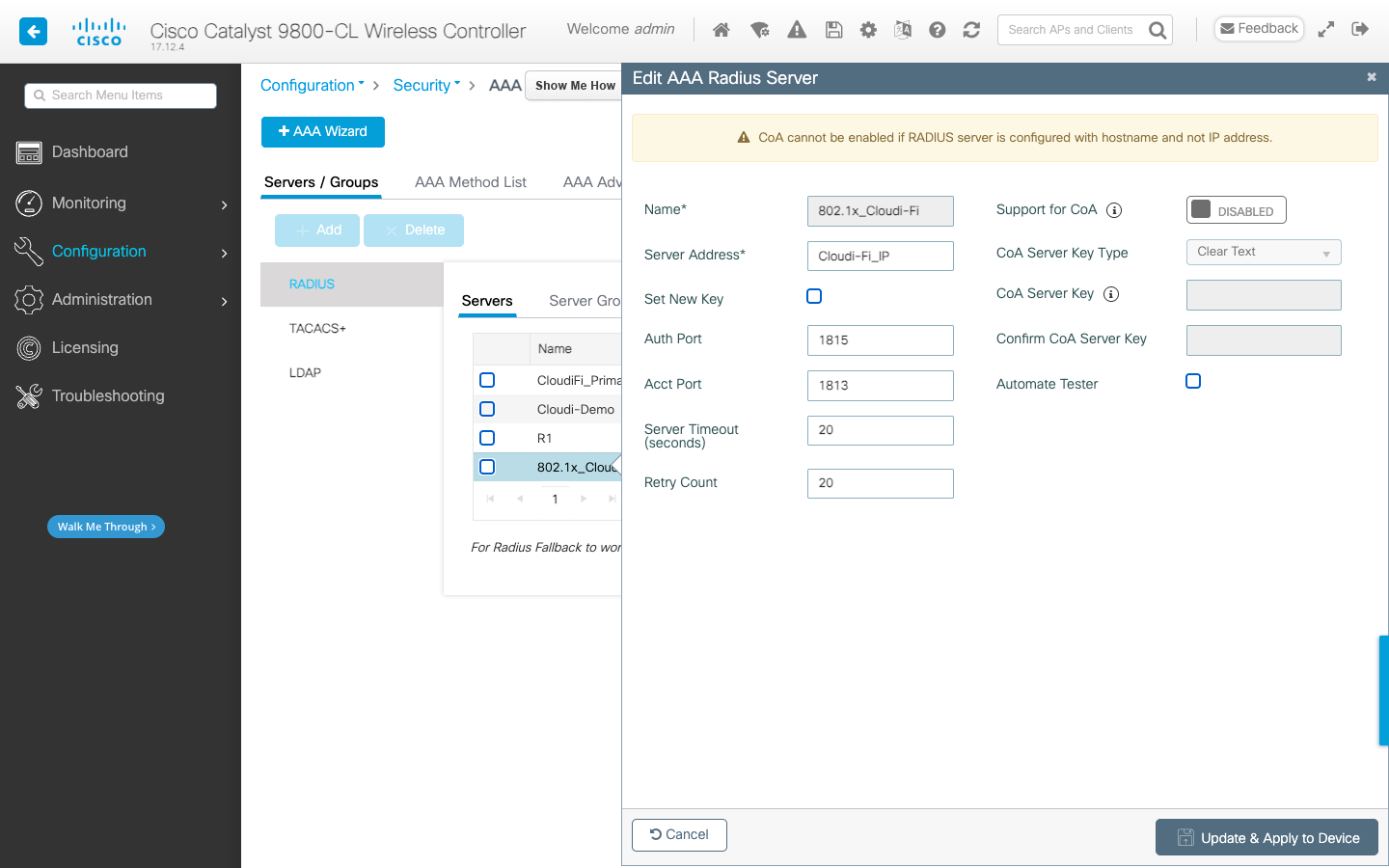 Cisco WLC 9800 Declare the RADIUS server for 802.1X.png