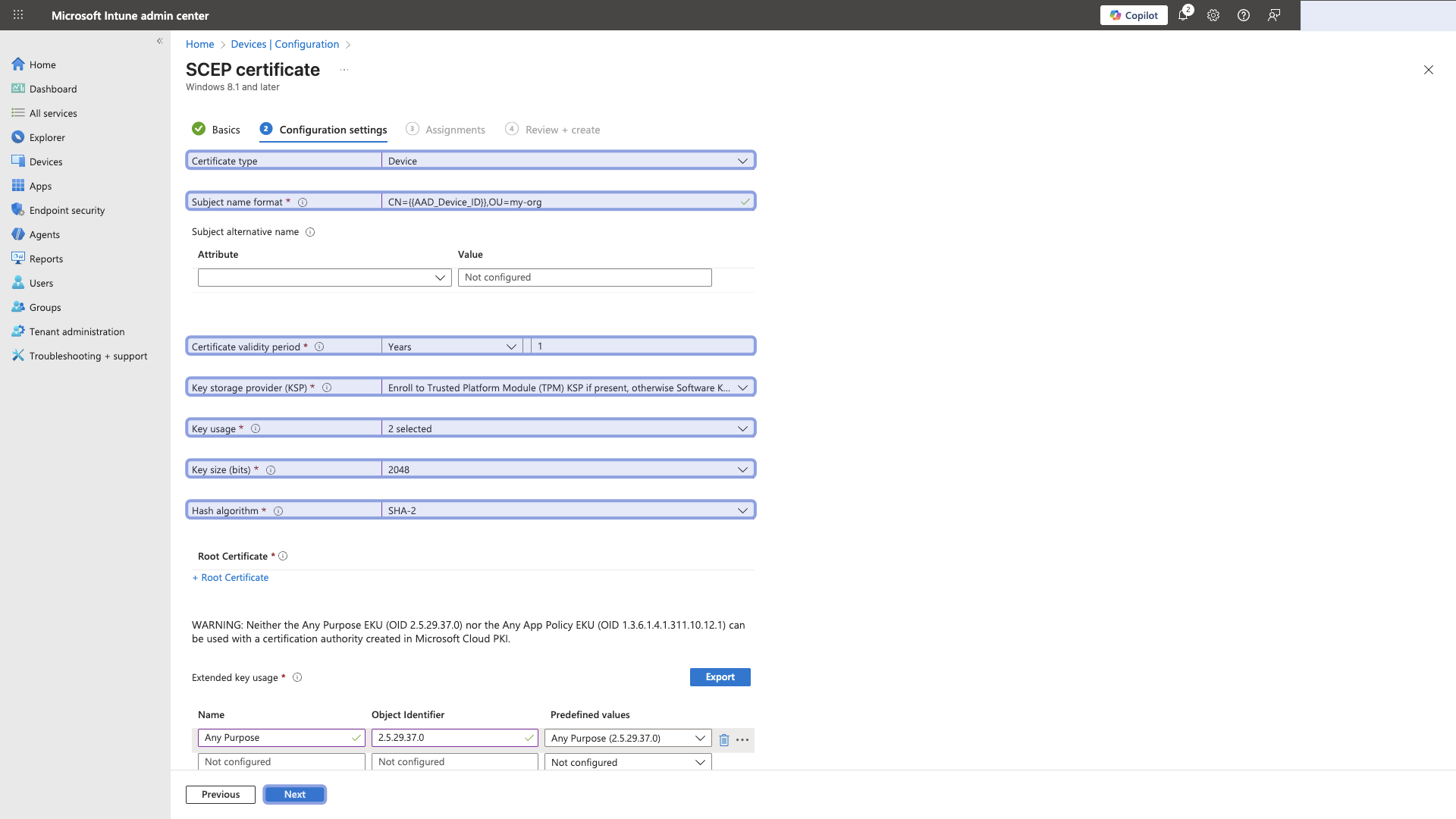 Microsoft Intune - device policy profile -- scep certificate configuration.png