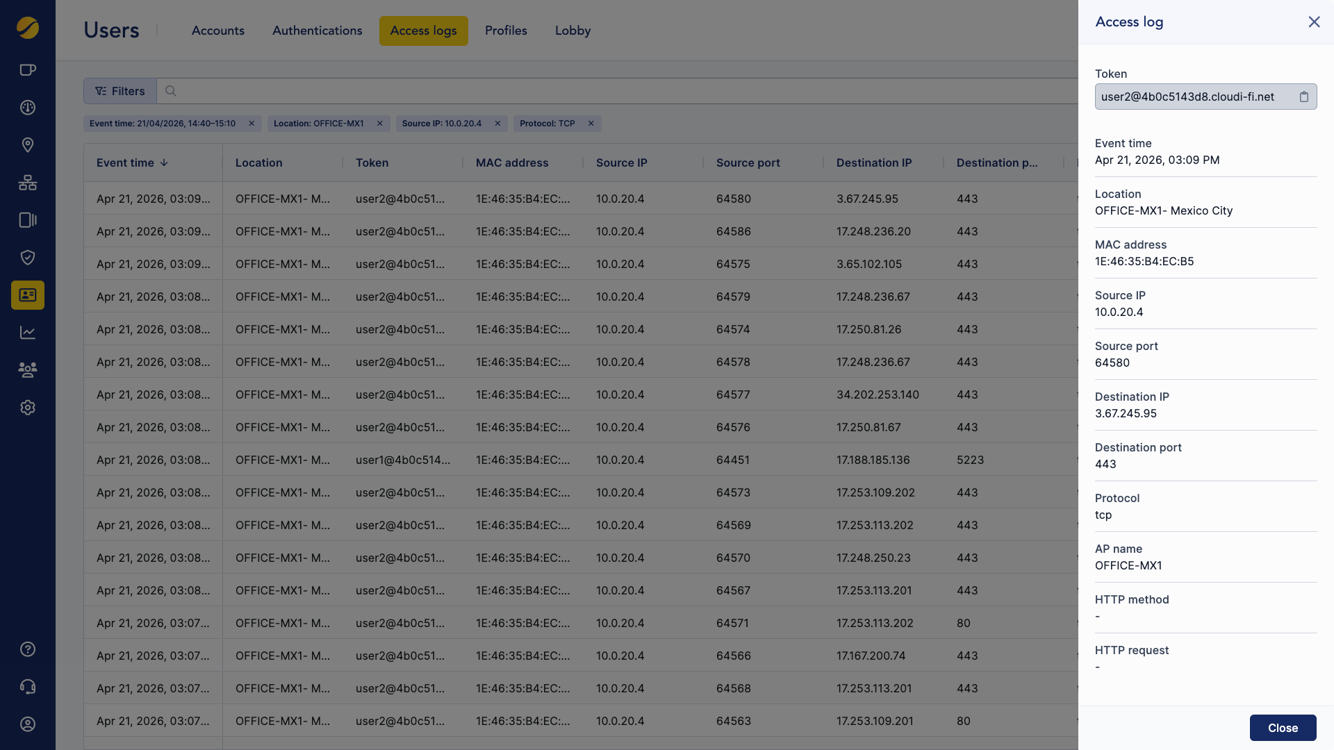 Cloudi-Fi Admin console - access logs list and search filters.png