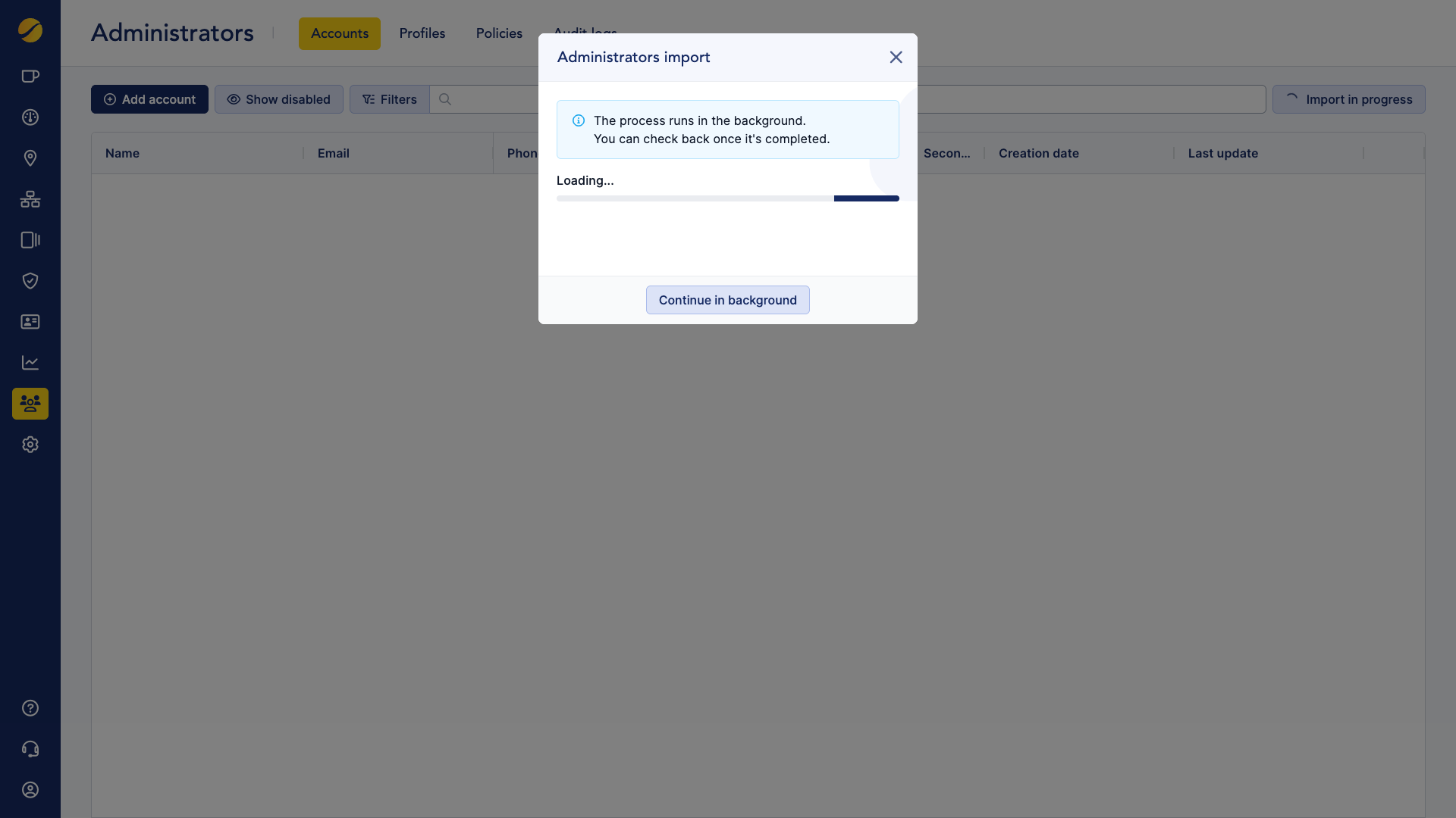 Cloudi-Fi admin UI - import adminstrators in progress.png