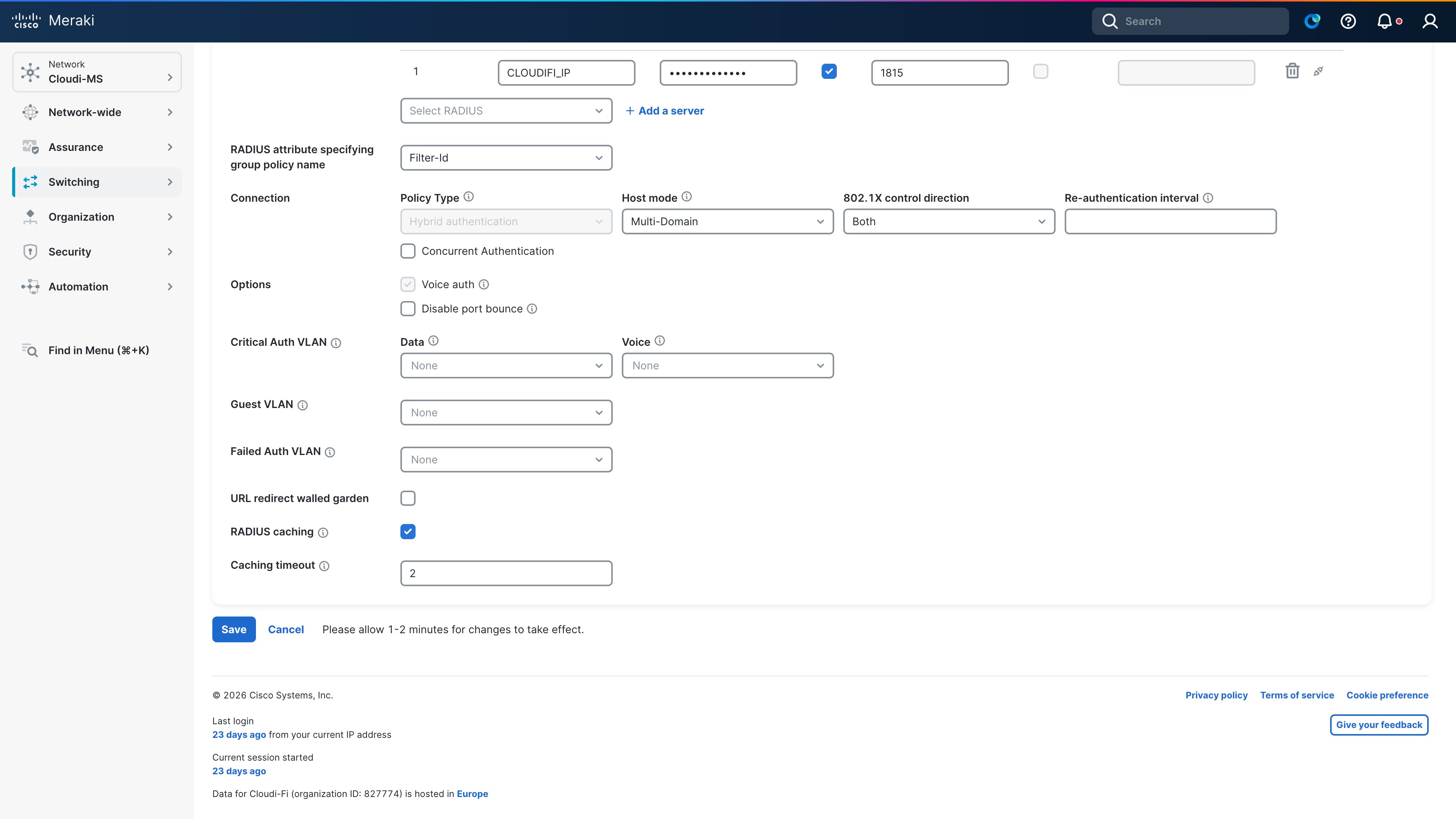 Meraki UI - configure 802.1X on switch with access policy.png