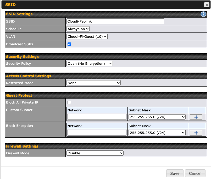 Pepwave admin interface - SSID Configuration