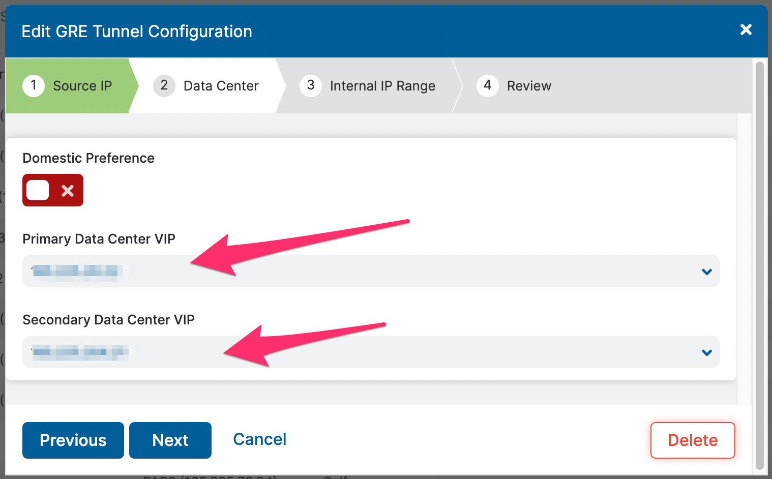 Zscaler - Edit GRE tunnel configuration: Select the destination IPs