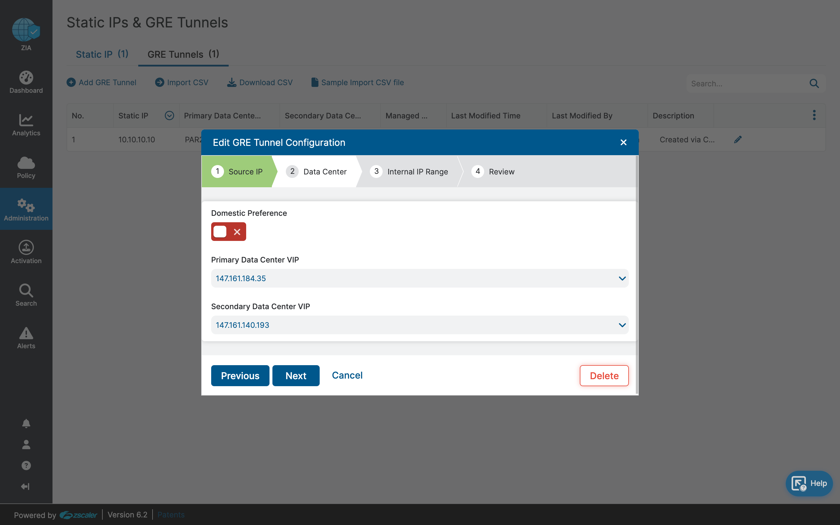 Zscaler - Edit GRE tunnel configuration : Select the destination IPs