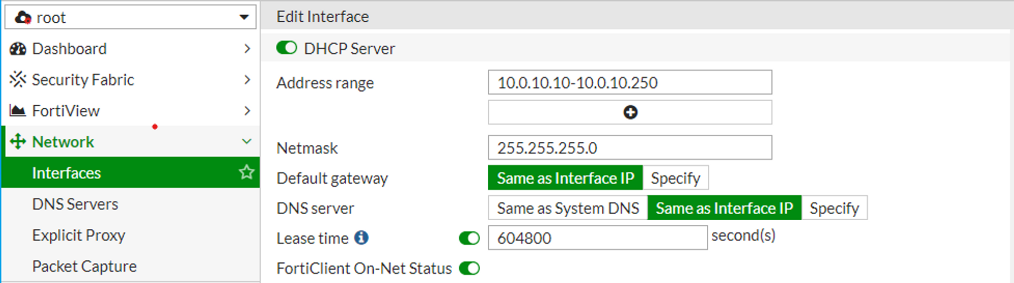 Fortigate admin: Edit DHCP server configuration